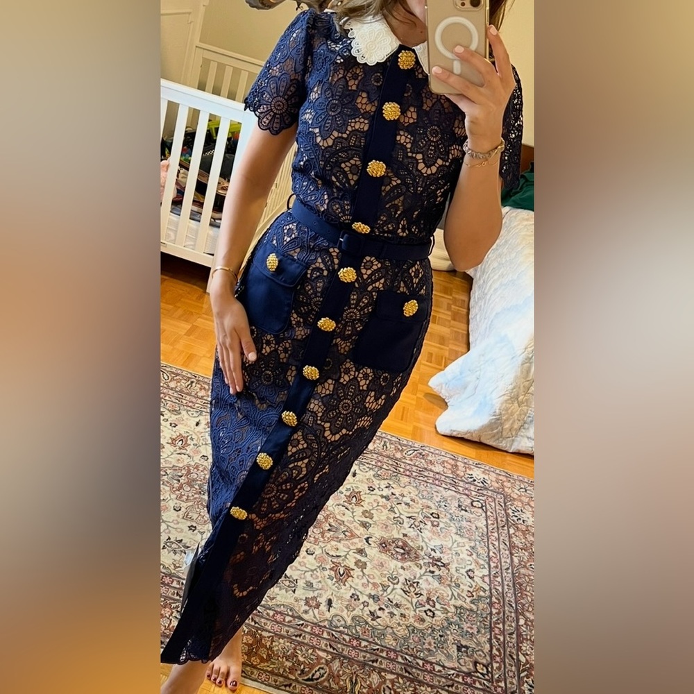 Elegant Navy Lace Dress with Gold Accents